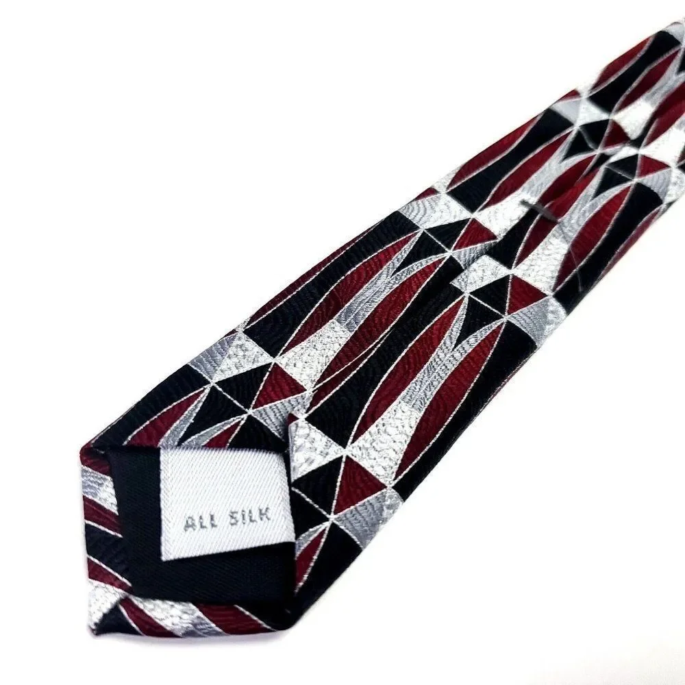 Pierre Cardin Red Gray Silk Tie Woven Short Wide Geometric‎